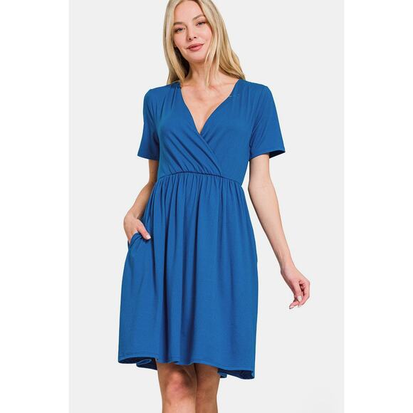 ZENANA Blue Surplice Short Sleeve Brushed DTY Dress NEW Spring Summer Small - Picture 1 of 3